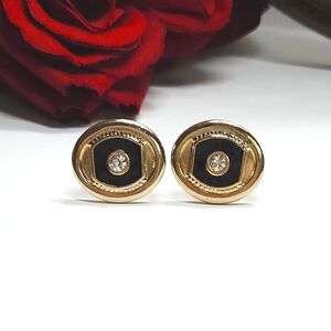 Vintage Gold Plated Black Crystal Cuff Links Art Deco Formal Wedding Cuff Links